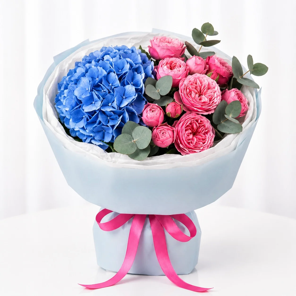 Silva Harmony 3 Pink Peony Roses & Blue Hydrangea Bouquet handcrafted with premium fresh flowers
